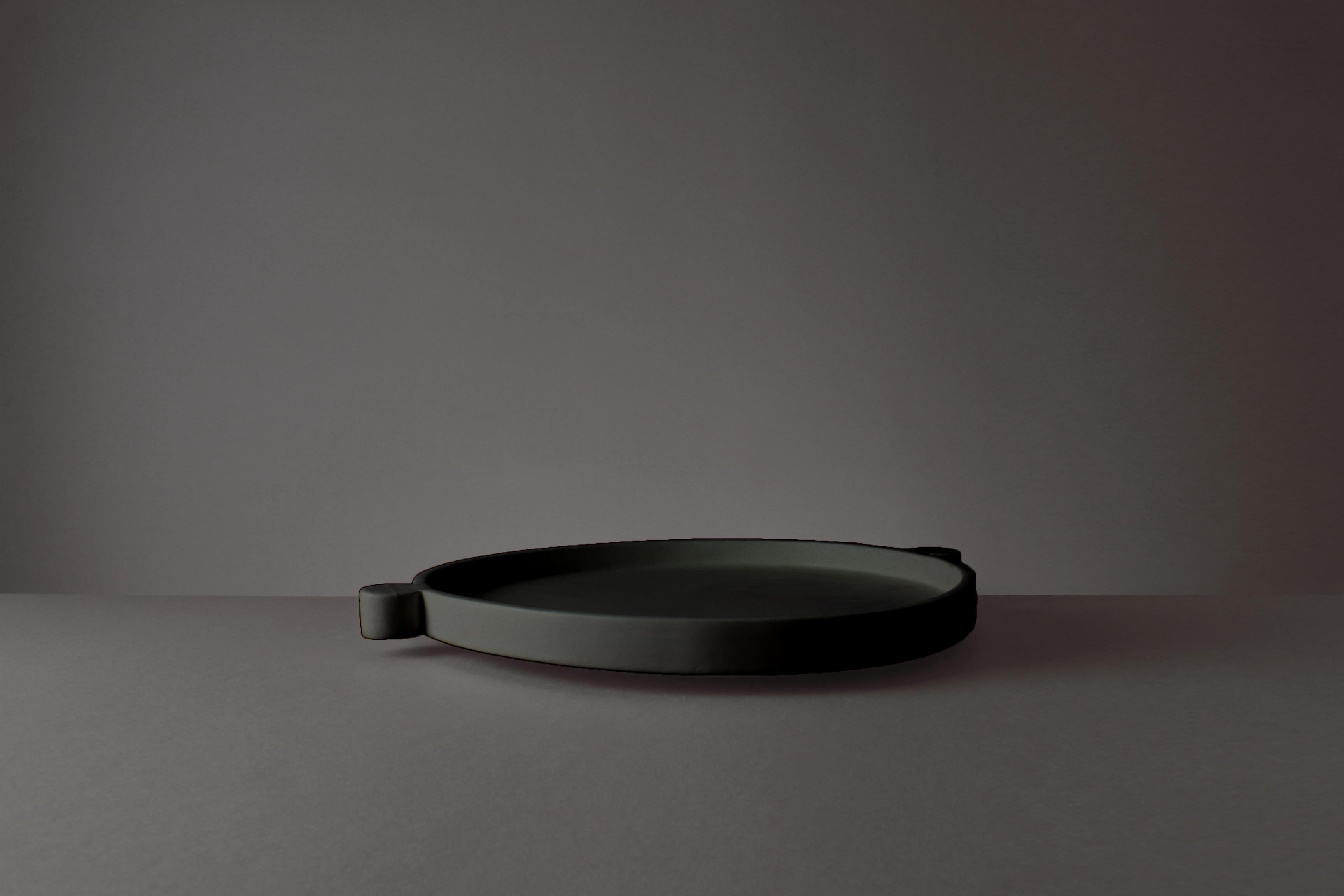Modern Contemporary White Ceramic Flat Serving Dish Plate Handmade_black For Sale
