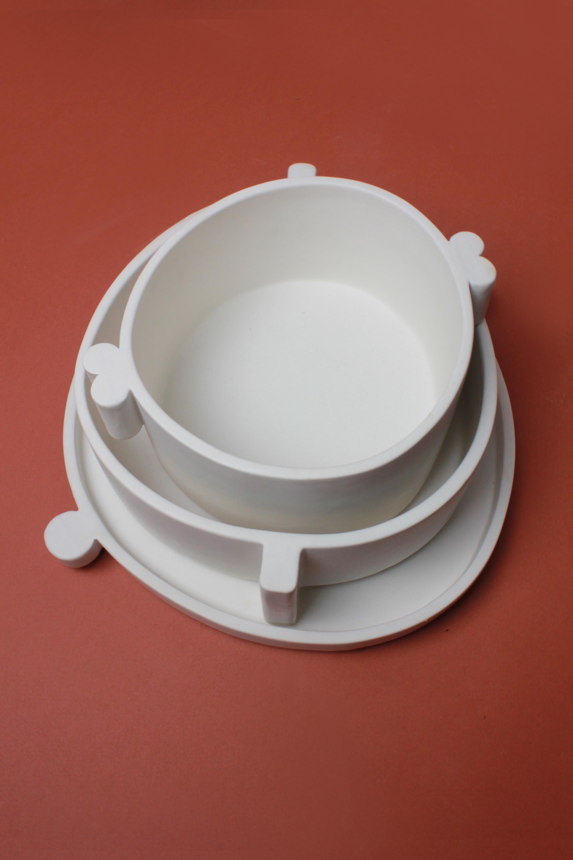 Contemporary White Ceramic Serving Dishes and Plate Complete Handmade Set For Sale 5