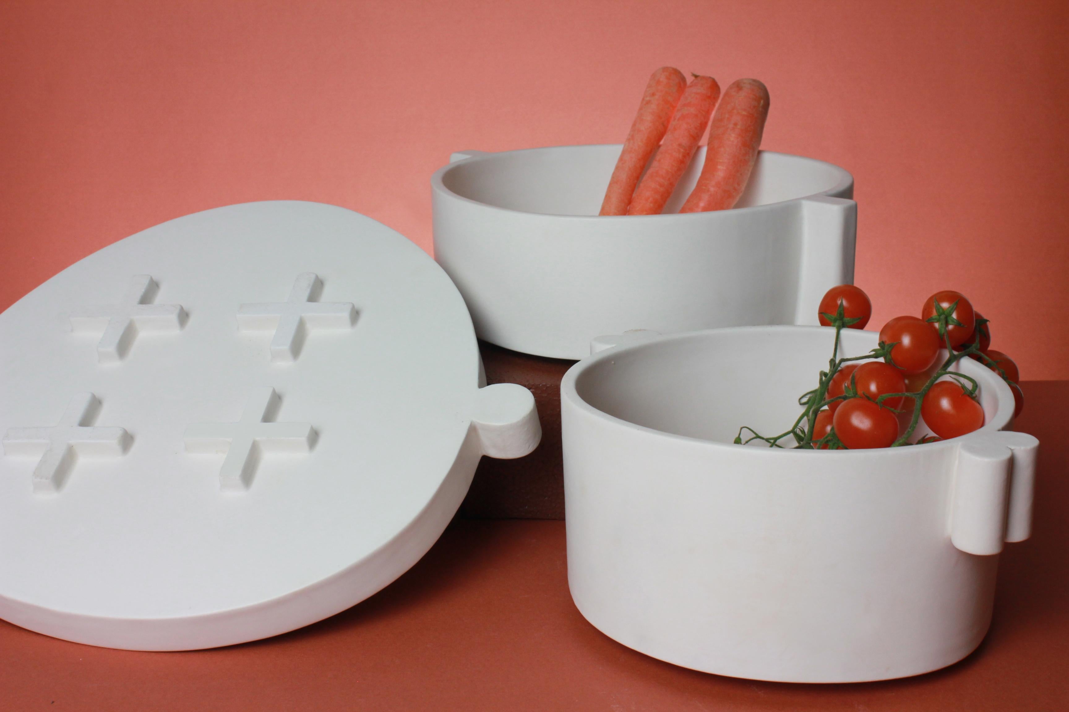 Contemporary White Ceramic Serving Dishes and Plate Complete Handmade Set For Sale 2