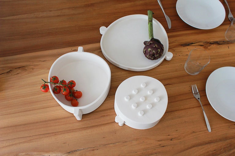 Contemporary White Ceramic Serving Dishes and Plate Complete Handmade