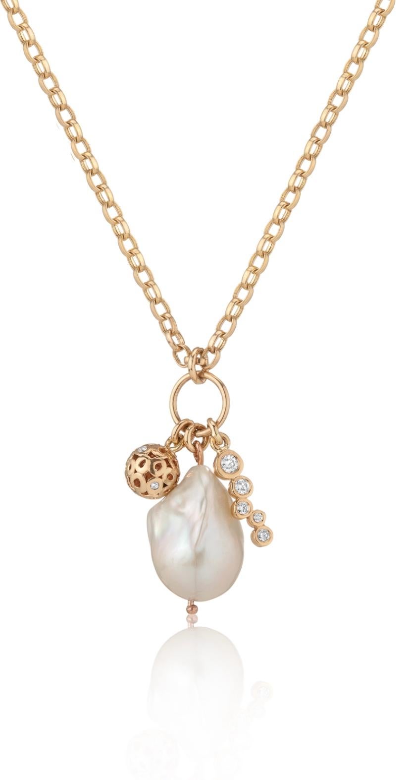 Round Cut Hi June Parker Gold Freshwater Baroque Pearl Charm Necklace 0.37 Carat Diamond  For Sale