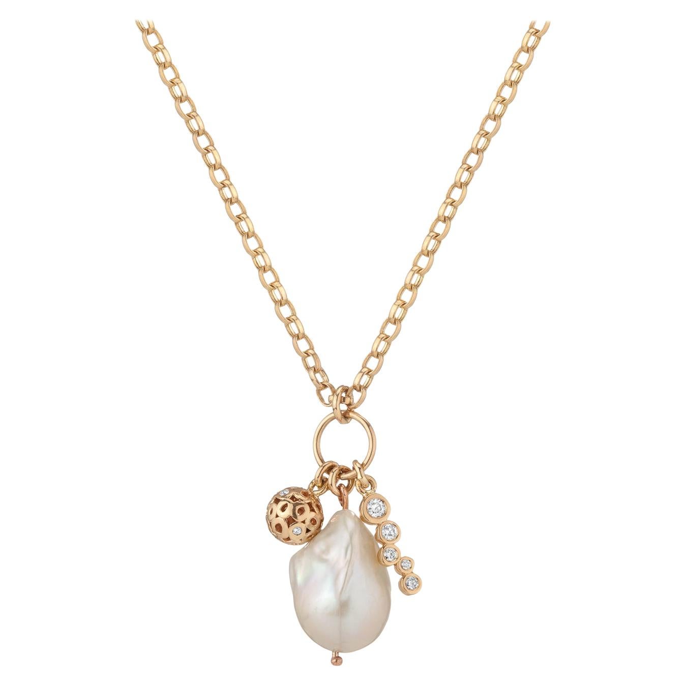 Hi June Parker Gold Freshwater Baroque Pearl Charm Necklace 0.37 Carat Diamond  For Sale