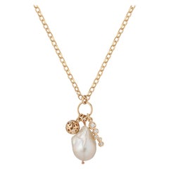 Hi June Parker Gold Freshwater Baroque Pearl Charm Necklace 0.37 Carat Diamond 