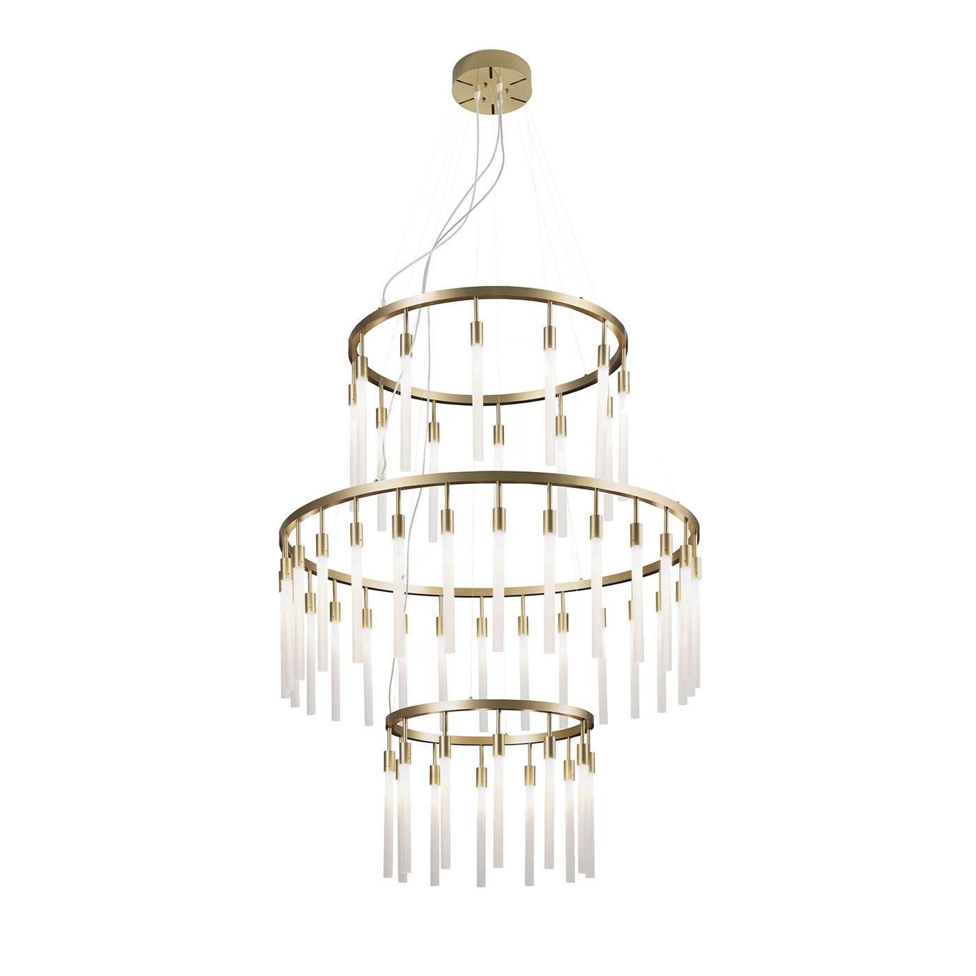 The Contemporary White Glass Chandelier embodies elegance and modern design, showcasing a circular structure crafted from metal. Its refined frosted glass shades emit a soft, ambient light, creating a warm and inviting atmosphere. Designed to