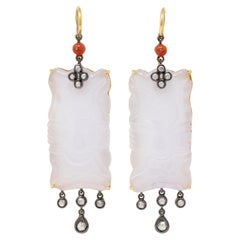 Contemporary White Jade Diamond Coral 18 Karat Gold Drop Earrings