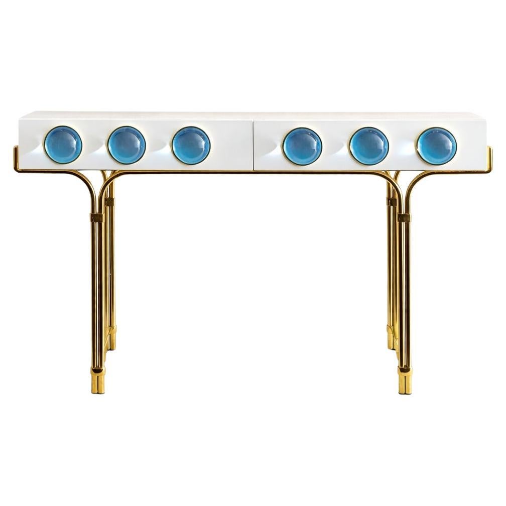 Contemporary White Lacquer Console Table with Blue Glass Accents and Brass Frame
