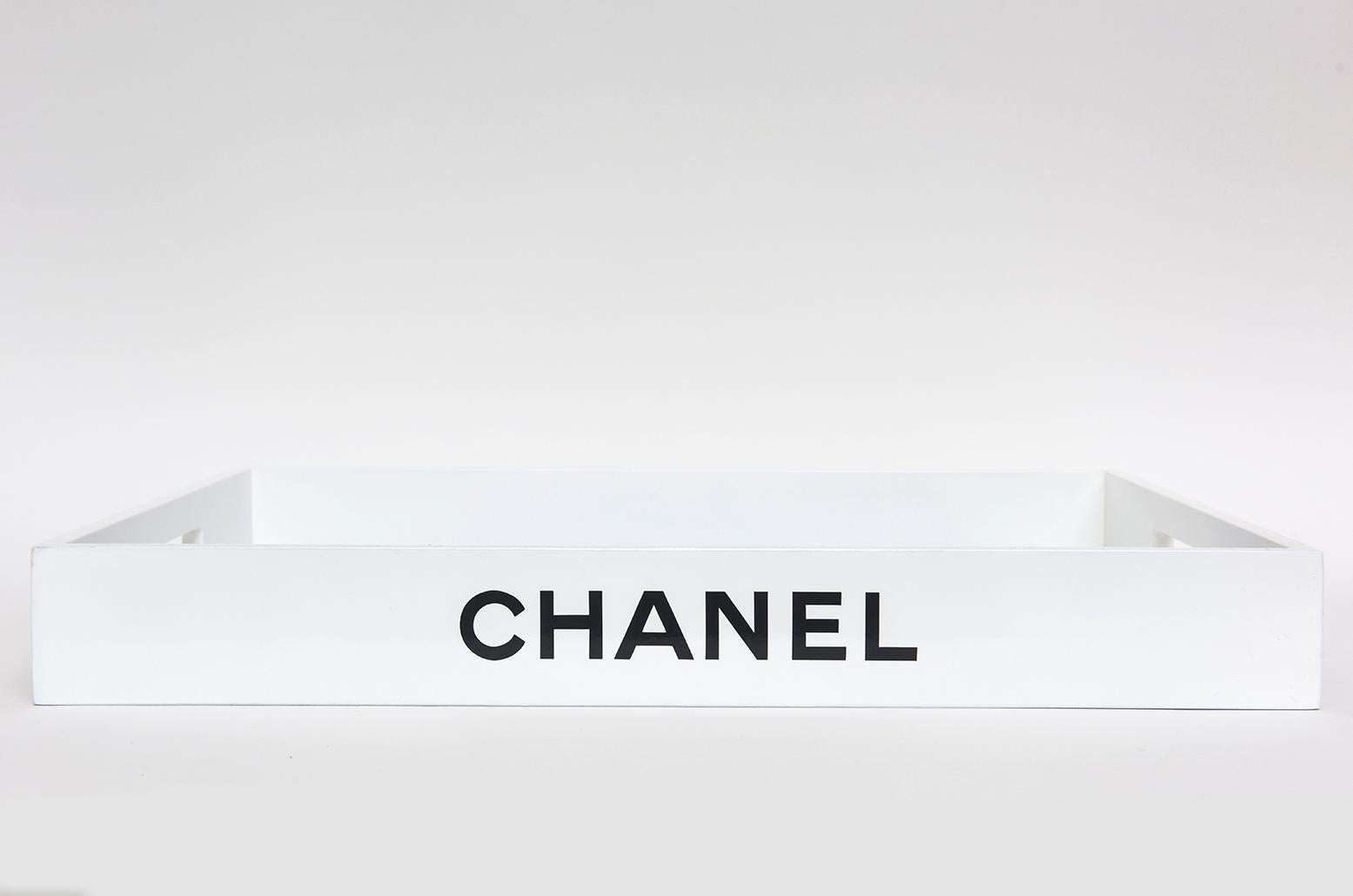 Contemporary White Lacquered Wood Rectangle Tray with Black Chanel Letters 1