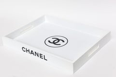 Contemporary White Lacquered Wood Rectangle Tray with Black Chanel Letters