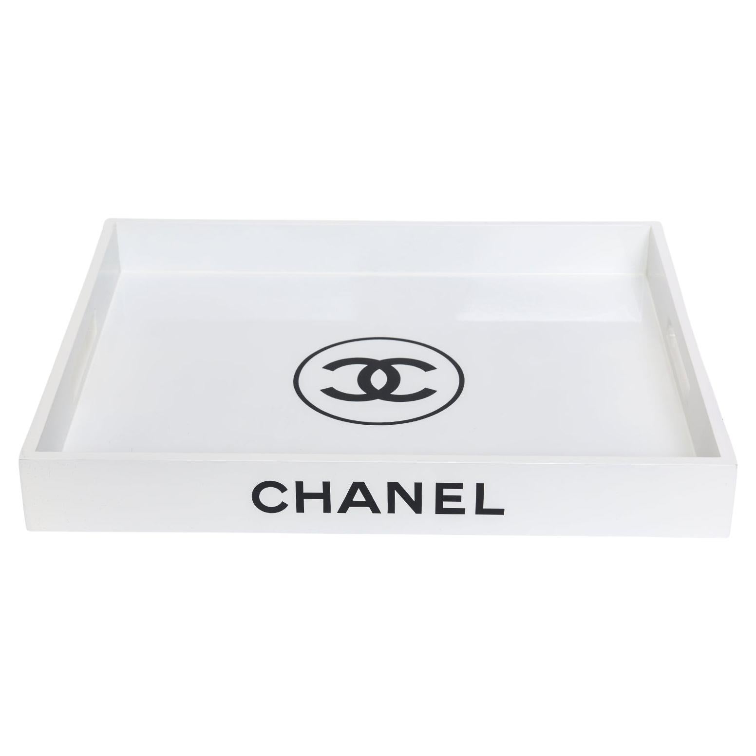 Contemporary White Lacquered Wood Rectangle Tray with Black Chanel Letters