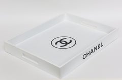 Contemporary White Lacquered Wood Rectangular Tray With Black Chanel Letters