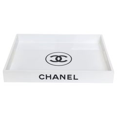 Vintage Contemporary White Lacquered Wood Rectangular Tray With Black Chanel Letters