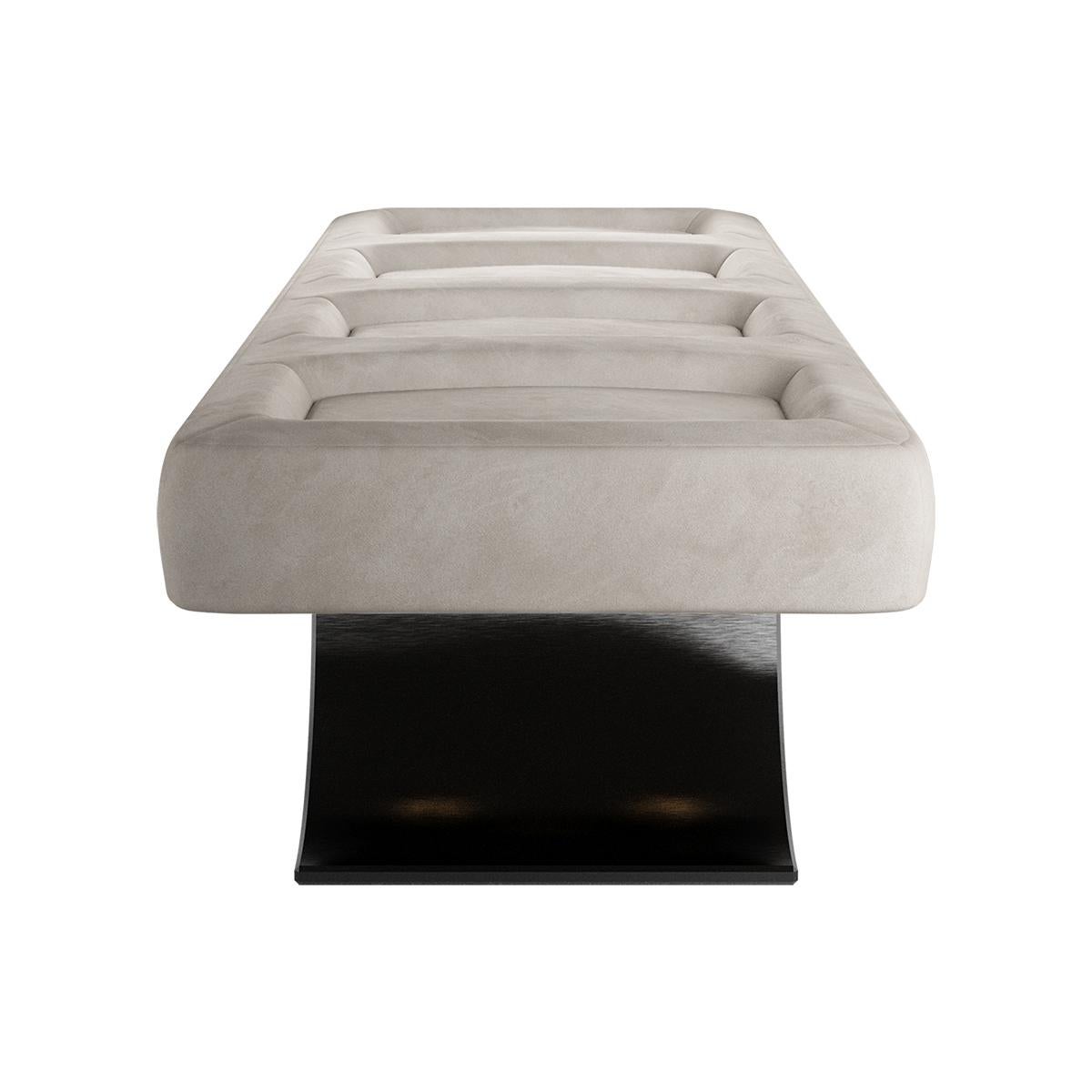 Portuguese Contemporary White Suede Bench With Anodized Iron Base & Golden Brass Details For Sale