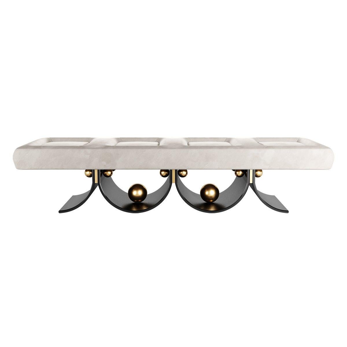 Contemporary White Suede Bench With Anodized Iron Base & Golden Brass Details