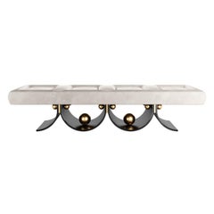 Contemporary White Suede Bench with Anodized Stainless Steel Base Gold Details