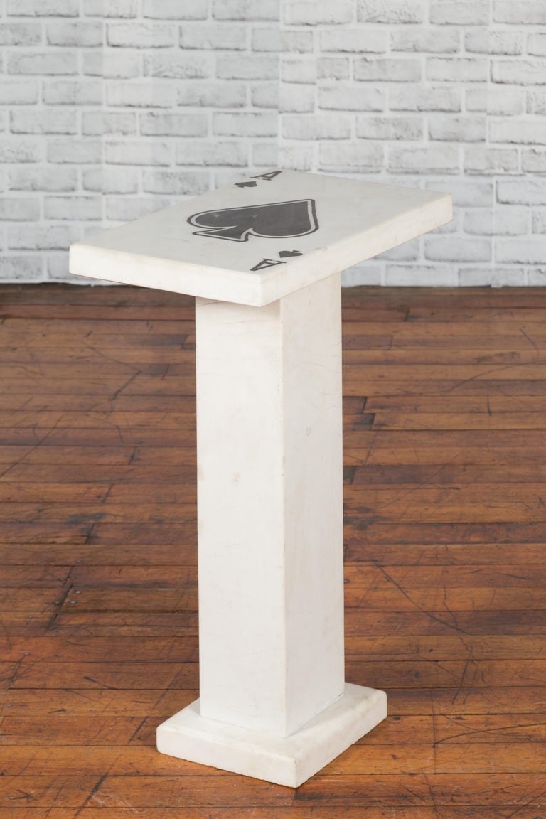 Contemporary White Marble Stand with Ace of Spades Motif and Pedestal Base For Sale at 1stDibs
