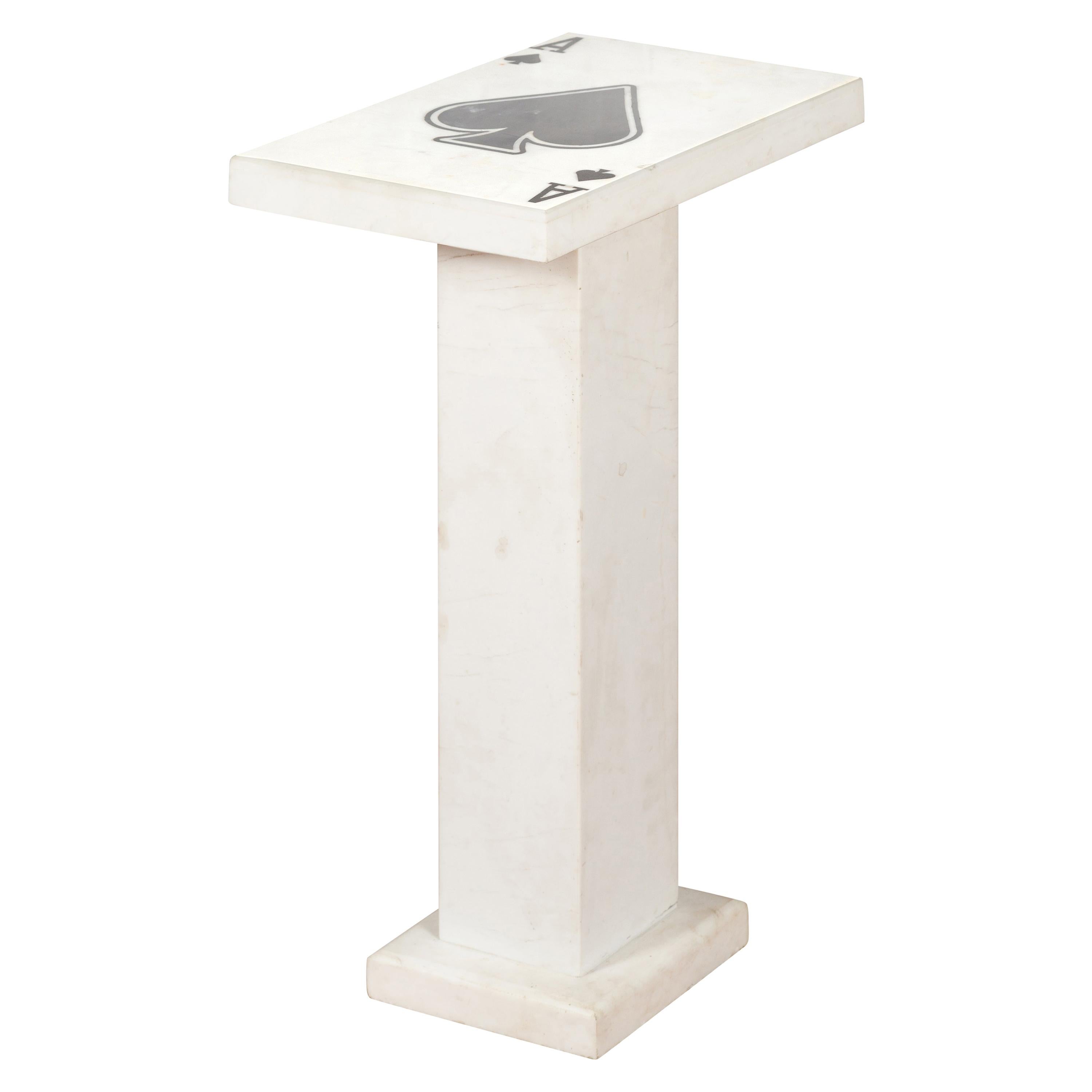 Contemporary White Marble Stand with Ace of Spades Motif and Pedestal Base For Sale