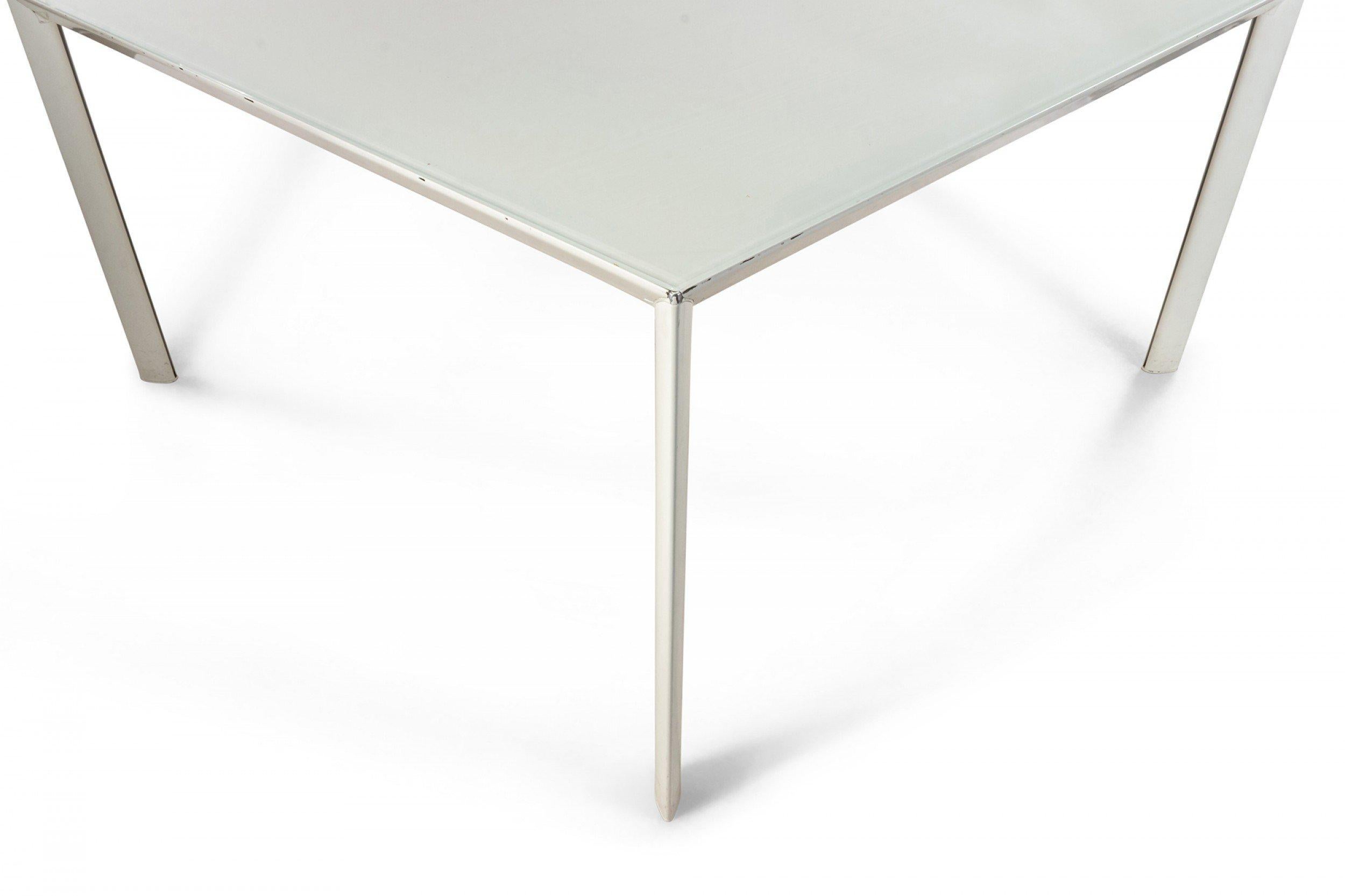 2 Contemporary large white glass square work tables with white metal legs (PORRO)(priced each).