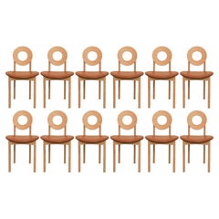 Contemporary White Oak and Italian Leather Dumick Dining Chairs, Set of Twelve