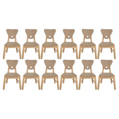 Contemporary White Oak and Textured Fabric Dining Chairs, Set of Twelve