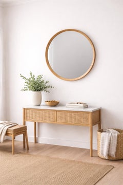 Contemporary White Oak Wood Wall Mirror, 32" circle