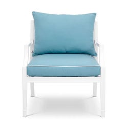 Contemporary White Outdoor Chair with Mineral Blue Sunbrella Cushion Bella Vista