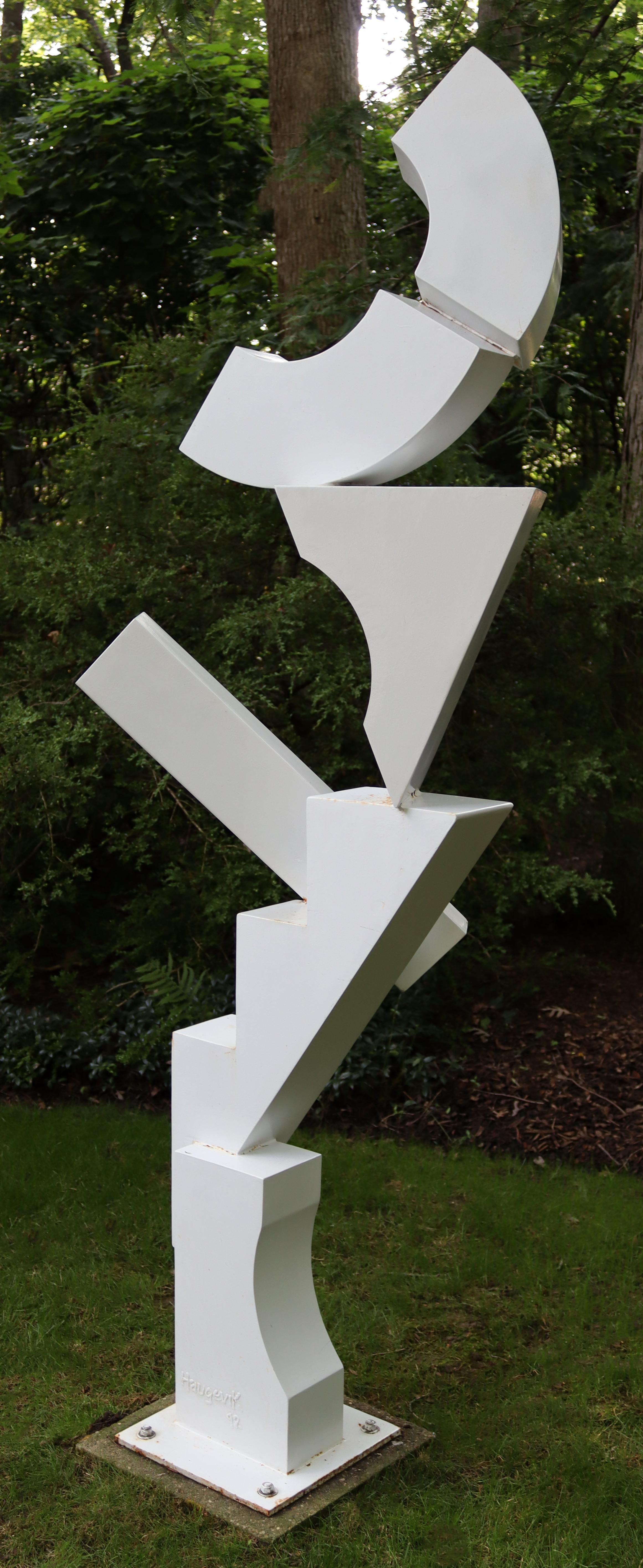 For your consideration is a gorgeous, forged, white painted metal, abstract, indoor or outdoor floor sculpture, signed Ed Haugevik, dated 1992. In excellent condition, with a patina to match its age. The dimensions are 29