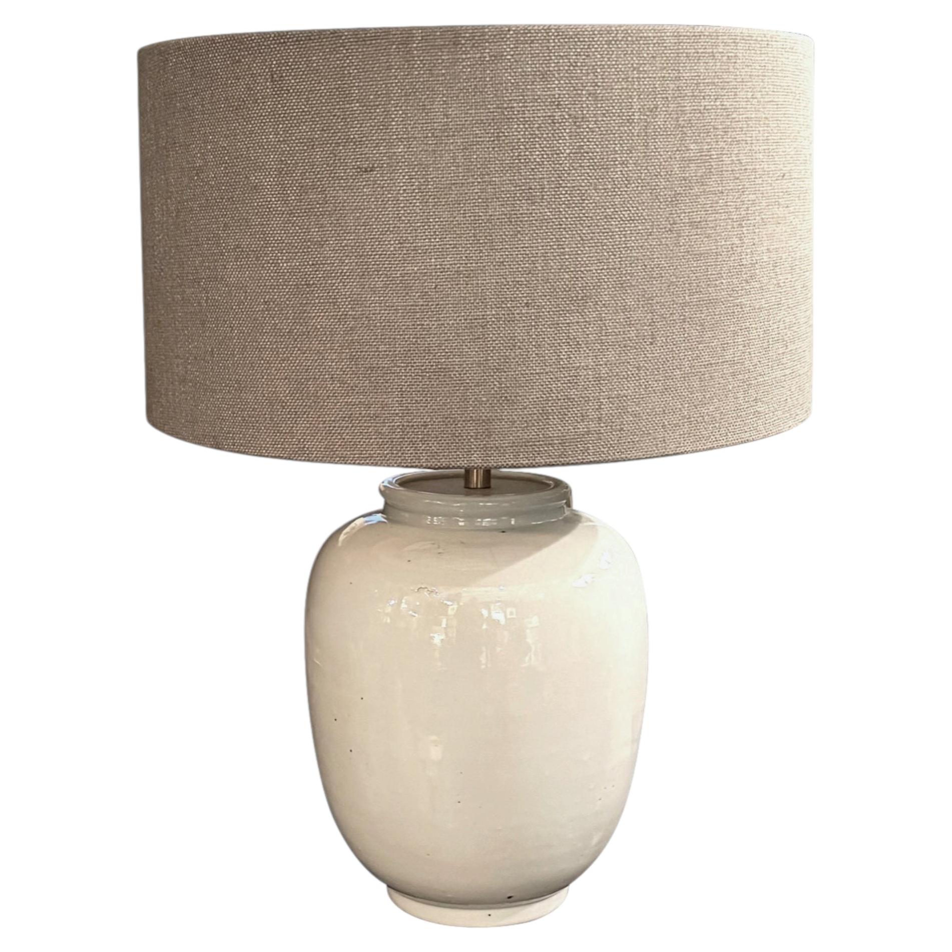 Contemporary White Pot Shape Chinese Table Lamp with Linen Shade, 21"
