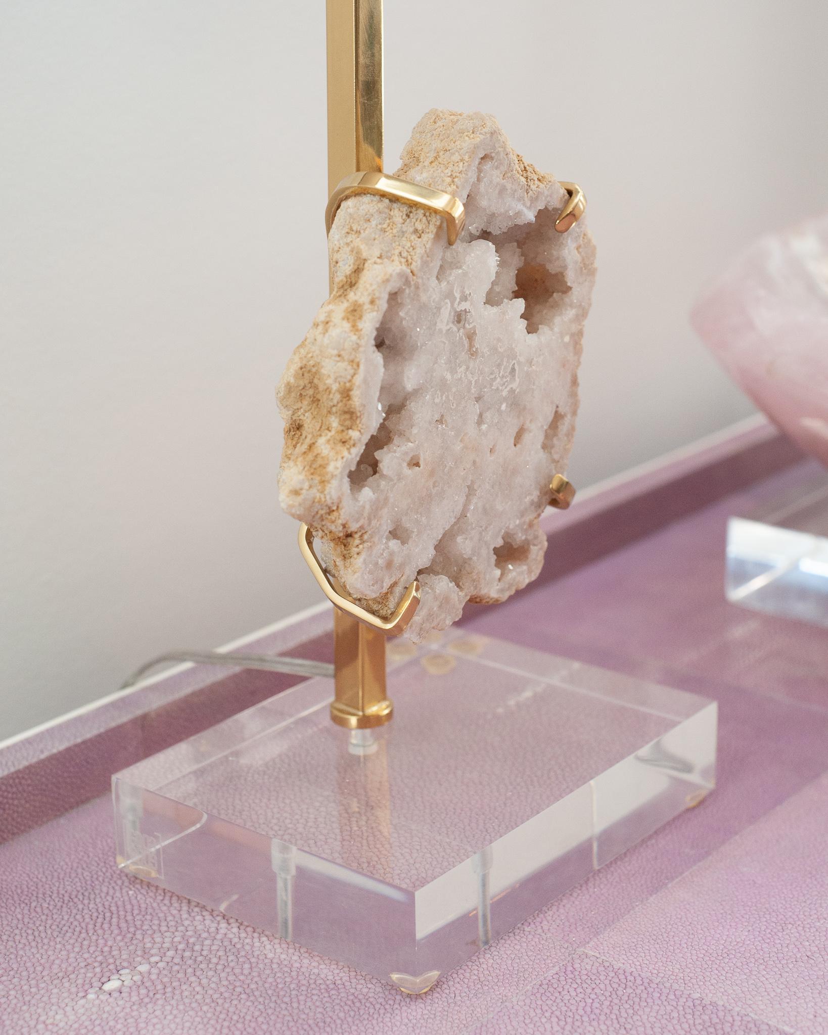 Contemporary White Quartz Geode & Brass Table Lamp with Custom Silk Shade 1