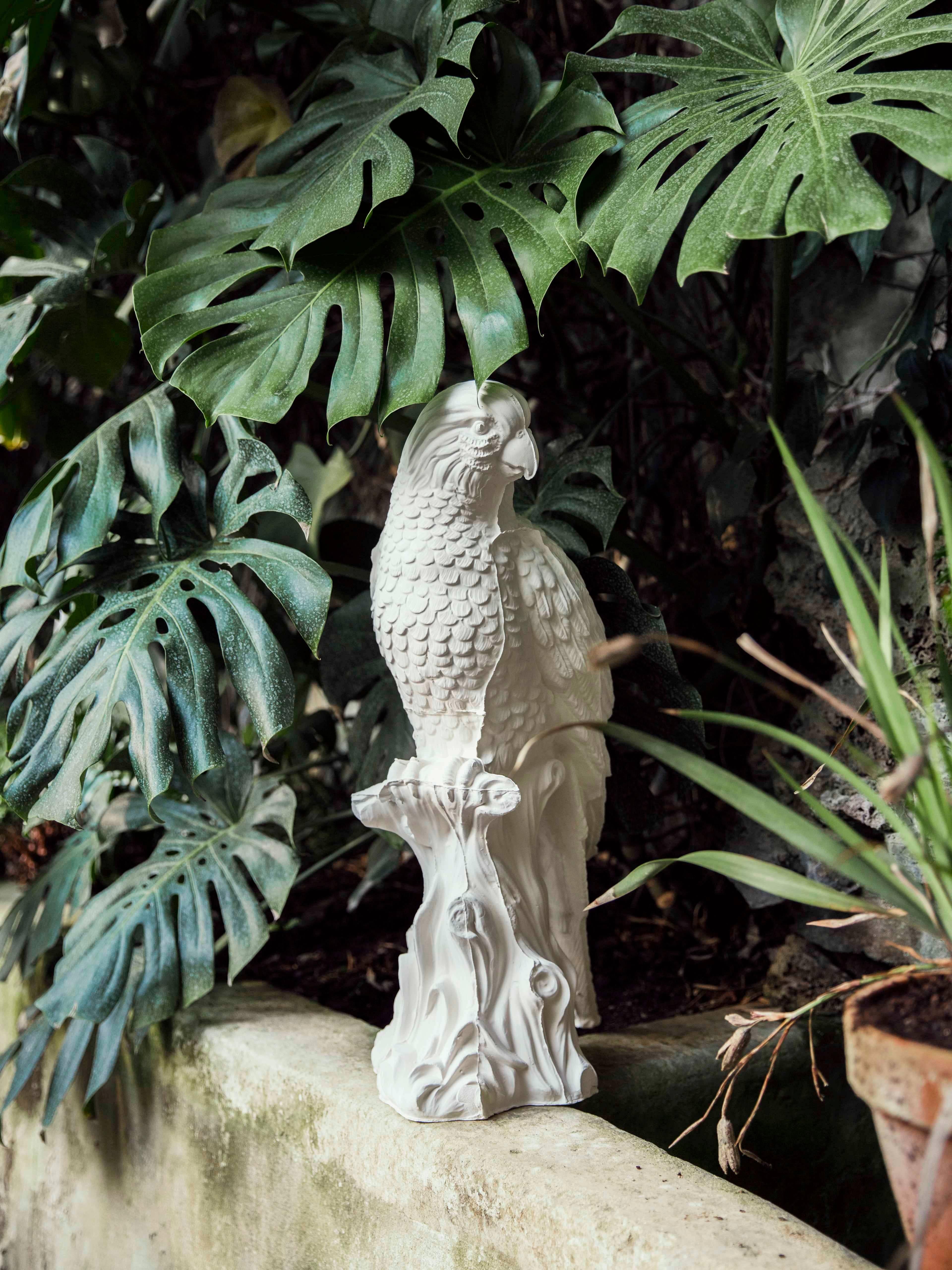 A parrot made in ceramic following the artisanal technique of casting liquid clay inside plastic mould. 
After two firing the parrot is finished with a white satin enamel. Custom color can be made on request.

Dimensions (in): W 7.8 x D 10.6 x H