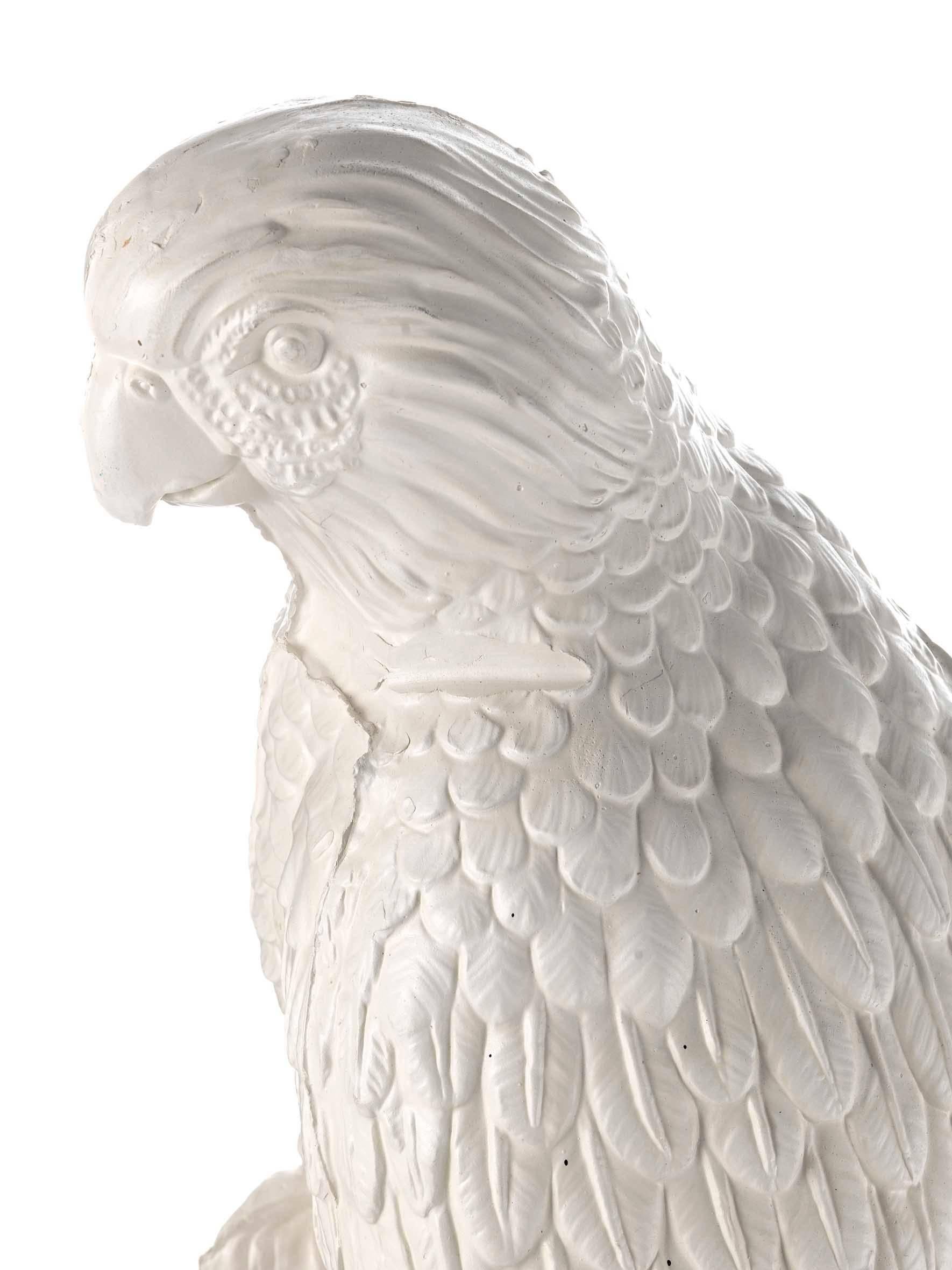 Art Deco Contemporary White Satin Enameled Ceramic Parrot Sculpture For Sale