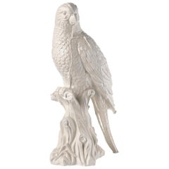 Contemporary White Satin Enameled Ceramic Parrot Sculpture