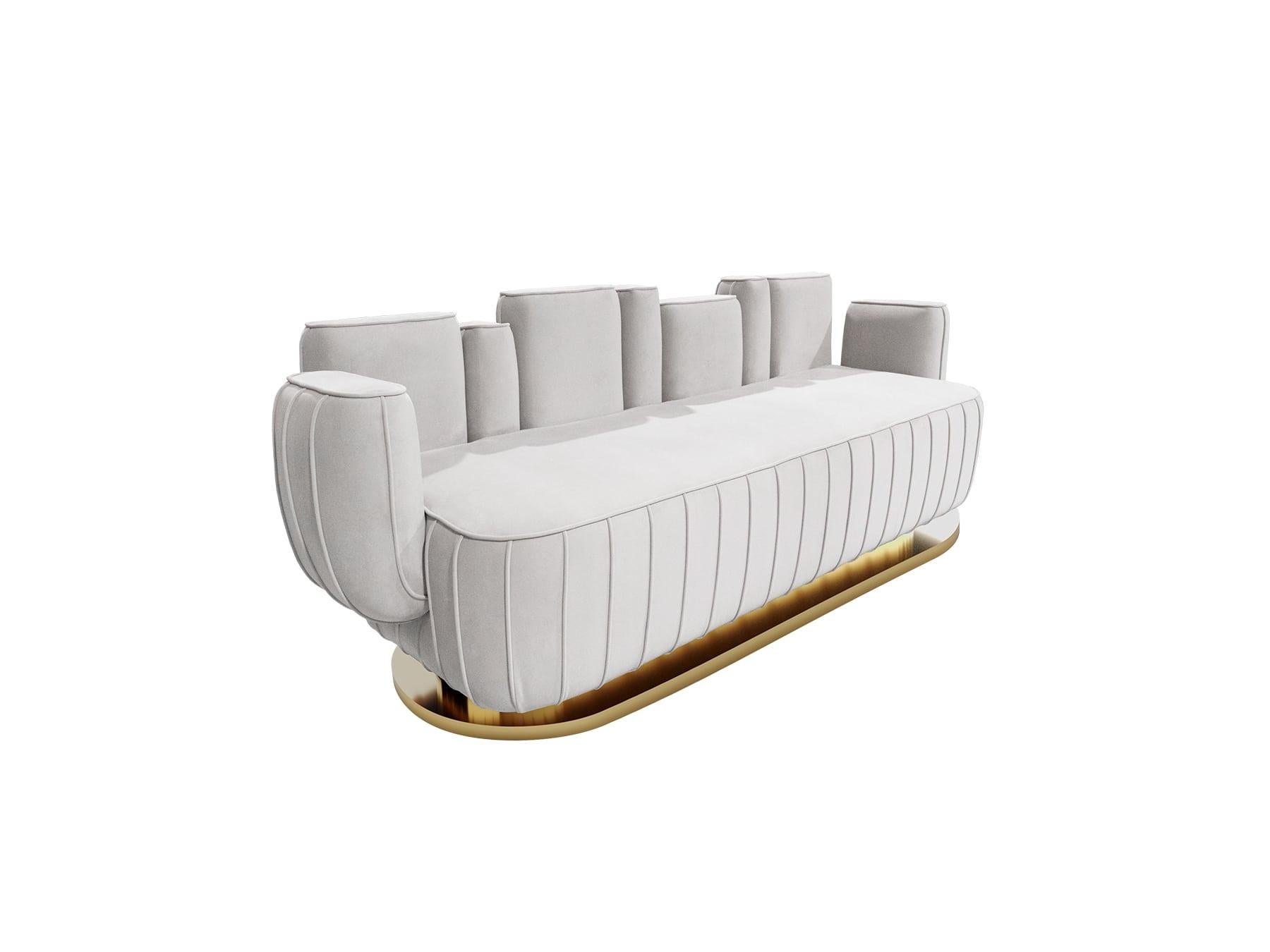 Mid-Century Modern White Velvet Sofa Cactus Shape with Swivel Gold Base  Ajui Sofa
Ajui Sofa is a modern rounded sofa that combines an artsy interpretation of a cactus shape with the comfort expected from a luxury sofa. The perfect choice for a