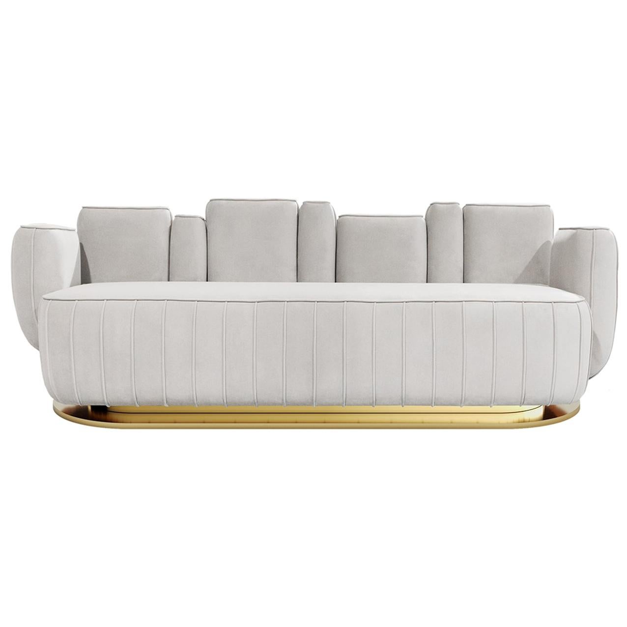 Mid-Century Modern Style White Velvet Sofa Cactus Shape with Swivel Gold Base For Sale