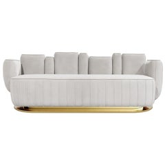 Mid-Century Modern Style White Velvet Sofa Cactus Shape with Swivel Gold Base