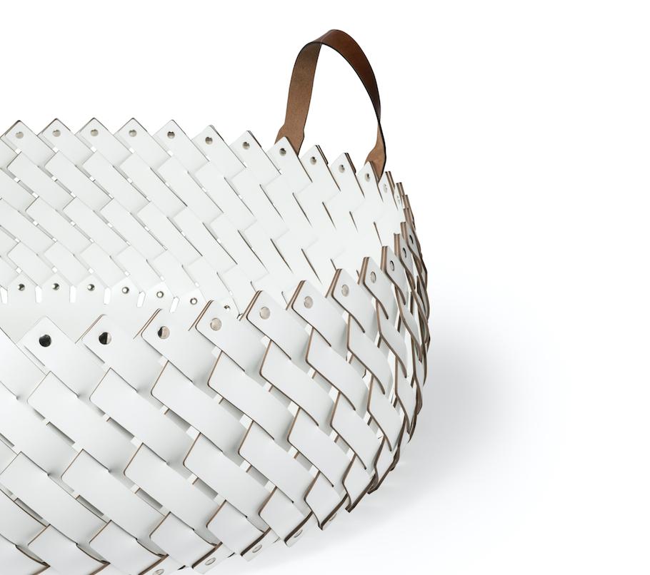 Italian Contemporary White Woven Leather Almeria Basket with Handles