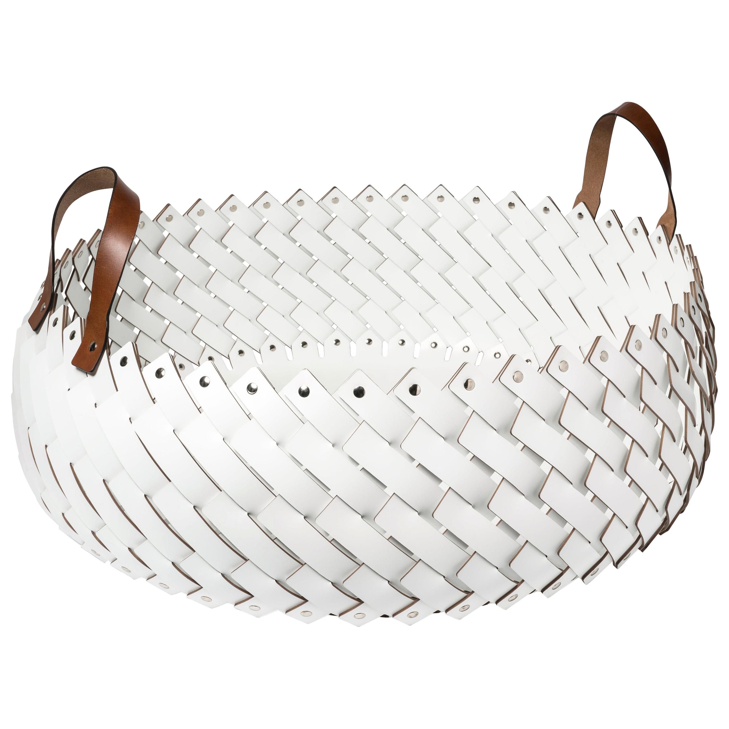 Contemporary White Woven Leather Almeria Basket with Handles