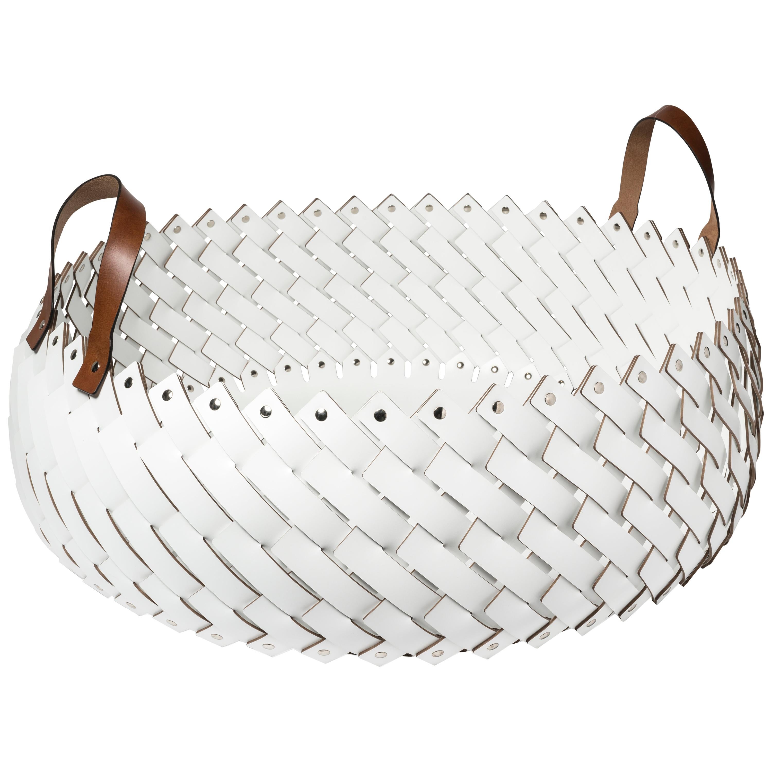 Contemporary White Woven Leather Almeria Pinetti Basket with Handles