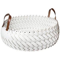 Contemporary White Woven Leather Almeria Pinetti Basket with Handles