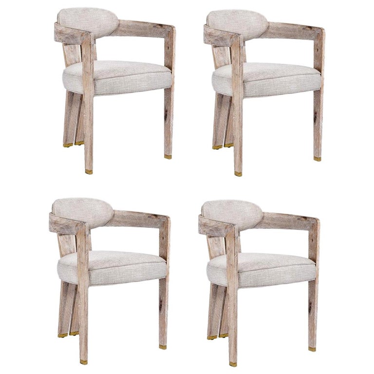 Contemporary Whitened Oak Dining Chair in Beige Linen with Brass