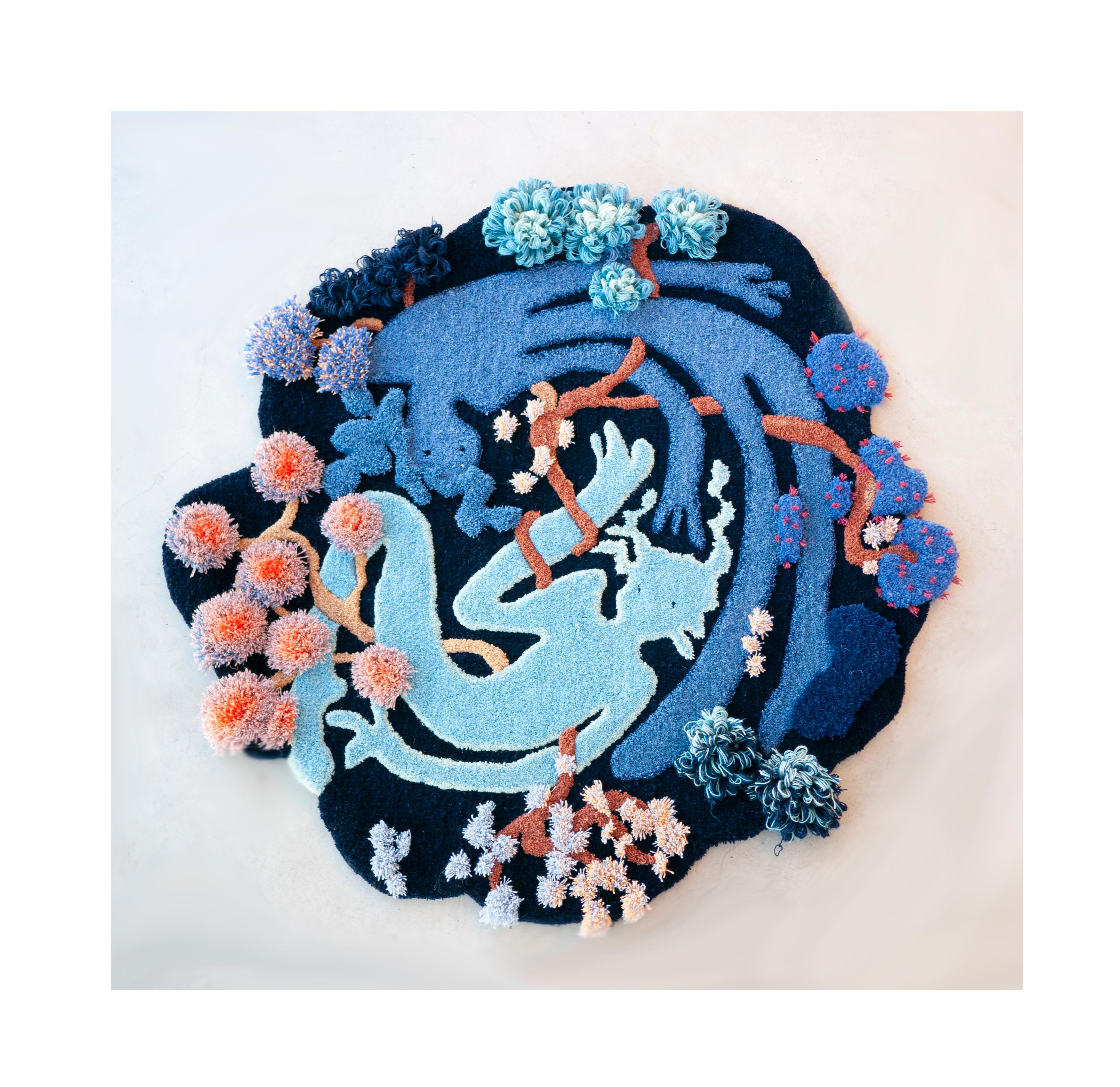 Midnight Embrace is a soft wall sculpture. The guardian angels of frinds, through the darkest of night. A small touch will make the flowers bloom again.
Sold as rug, but can on request come with hanging system.

Hand tufted and embroidered wool.
