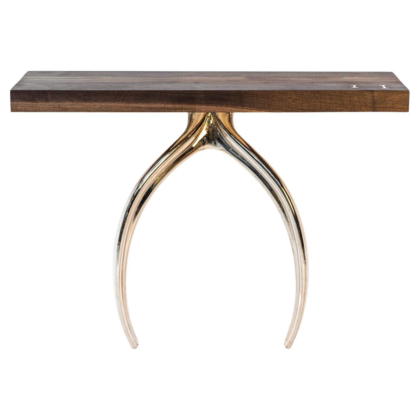 Stacklab Wishbone Console, Domestic Hardwood, Cast Bronze Legs  For Sale