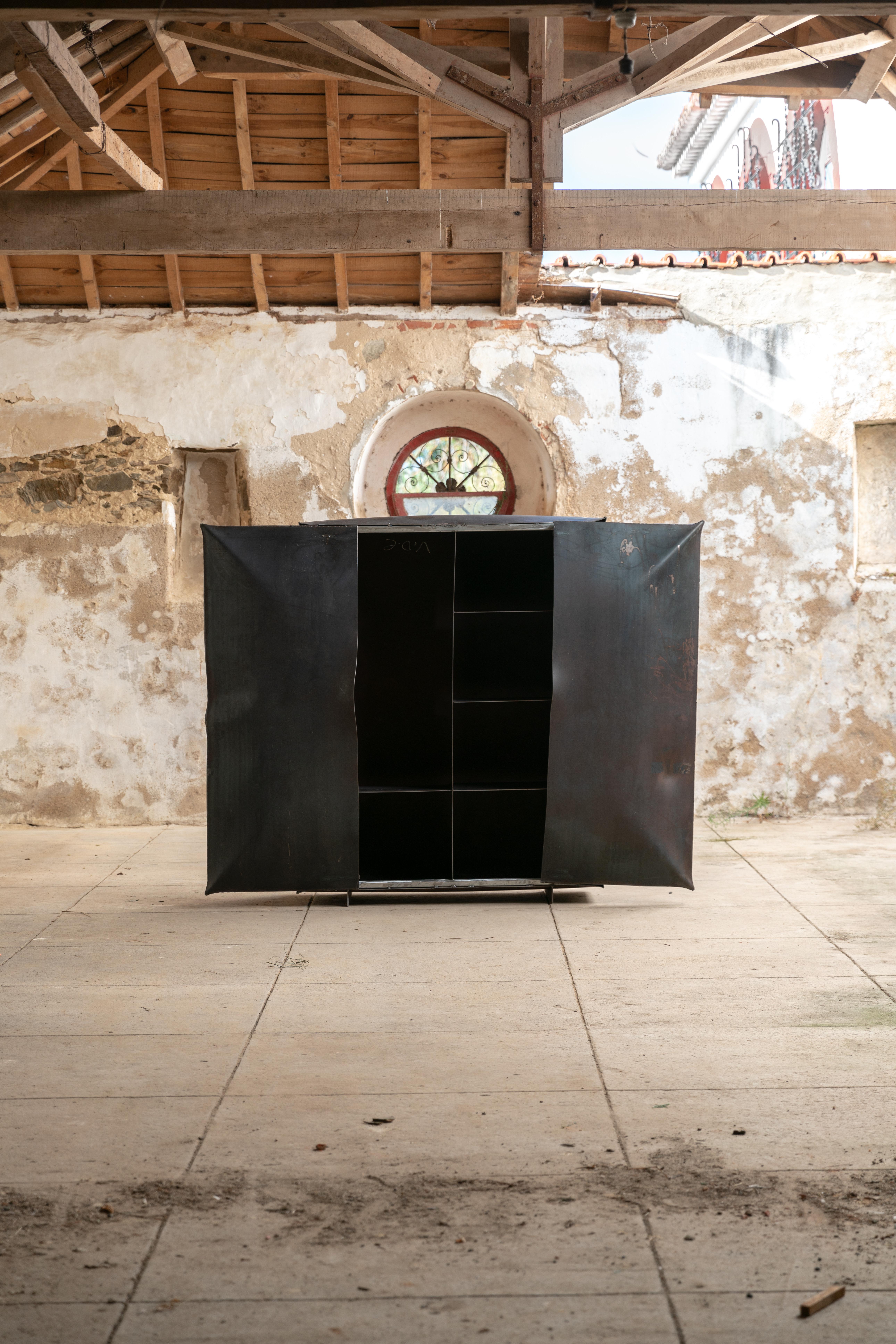 Contemporary with dynamite exploded 'Lose control' SteelCabinet by Mircea Anghel For Sale 1