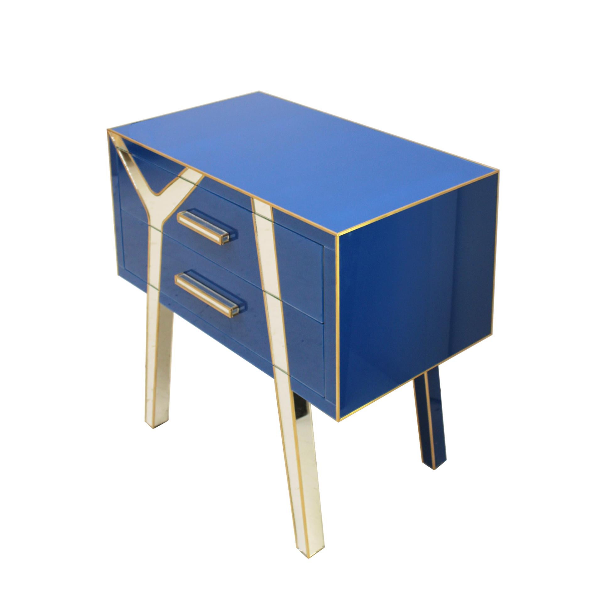 Brass Contemporary Wood and Glass Italian Pair of Bedside Tables by L.A. Studio For Sale