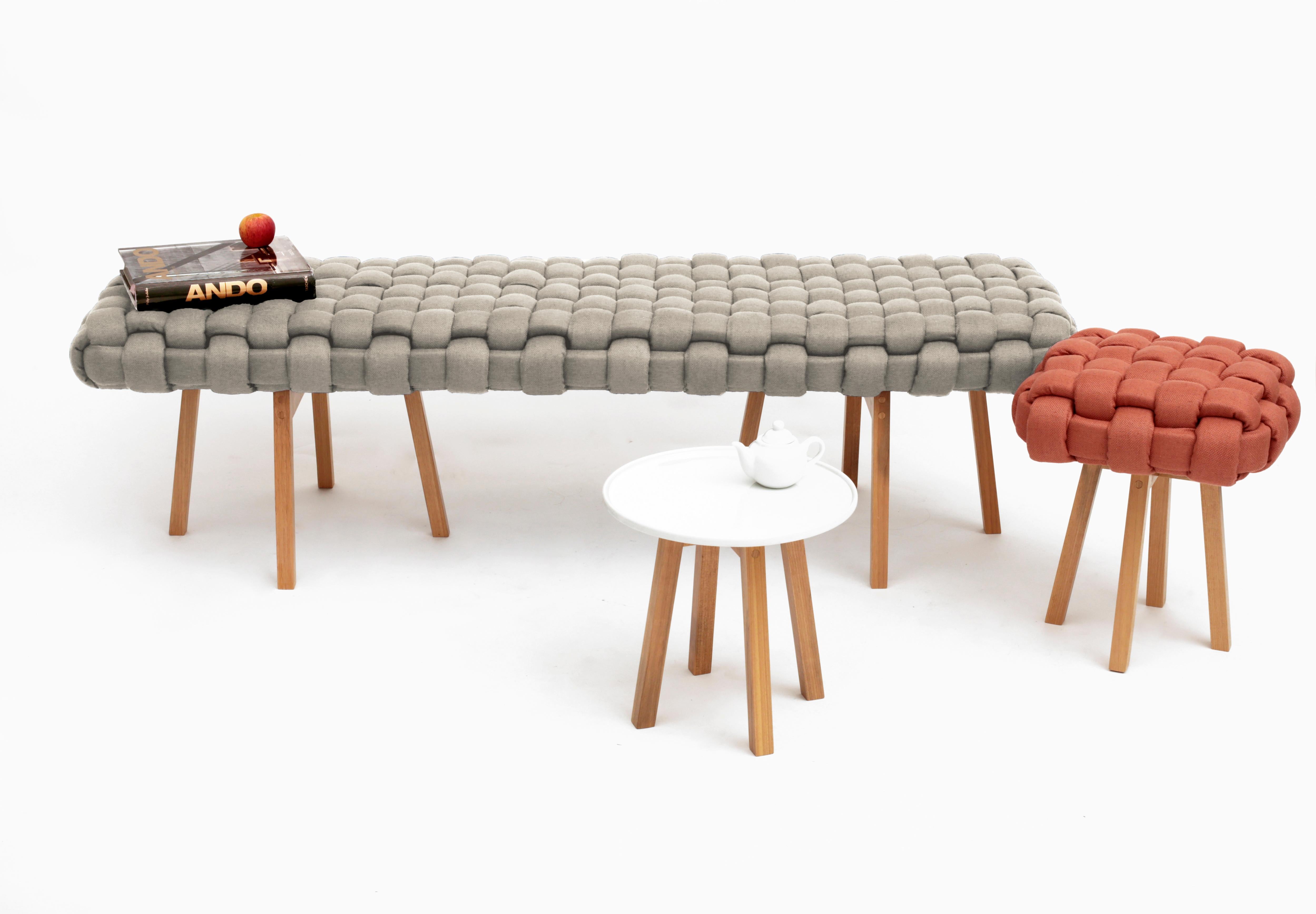 The Trama collection was created around the concept of tress. Started in 2014 today it has a variety of pieces with different typologies .

Trama Benches are made with linen fabric and foam stripes, woven and stitched by hand. The structure is made