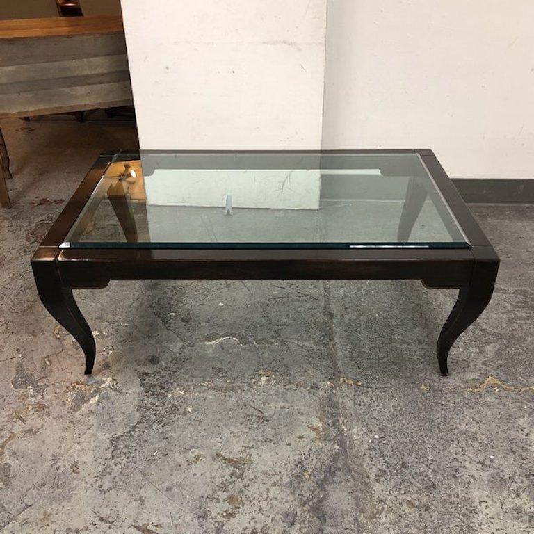 Contemporary Wood Black Lacquer Table and Bevelled Glass Top For Sale