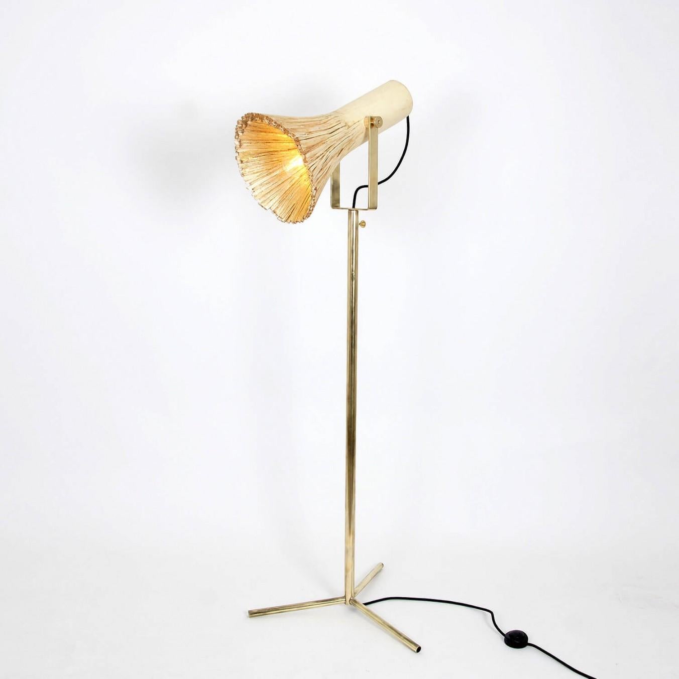 Contemporary wood and brass floor lamp - Pressed wood light natural by Johannes Hemann

Material: wood, brass
Light source: bulb E14, max 50 Watt
Dimensions: ø35 x H130 cm

The series „pressed wood black“ is based on the traditional technique