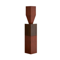 Contemporary Wood Geometric Totem Sculpture Pole in Oak Wood Rust Effect Lacquer