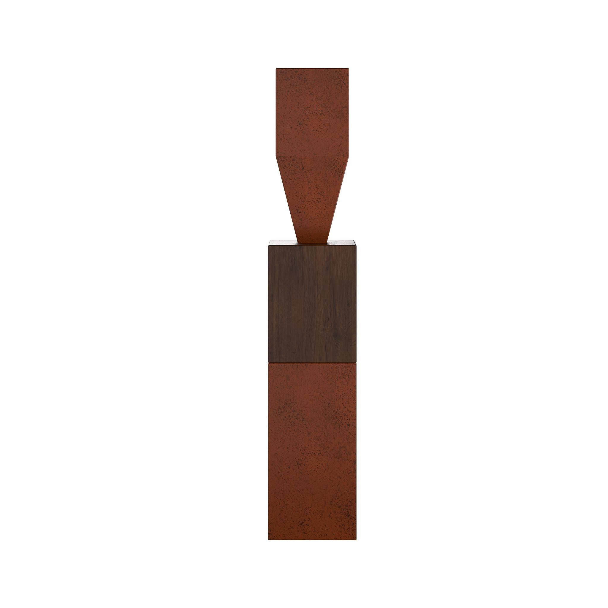 Contemporary Wood Geometric Totem Sculpture Pole in Oak Wood Rust Effect Lacquer