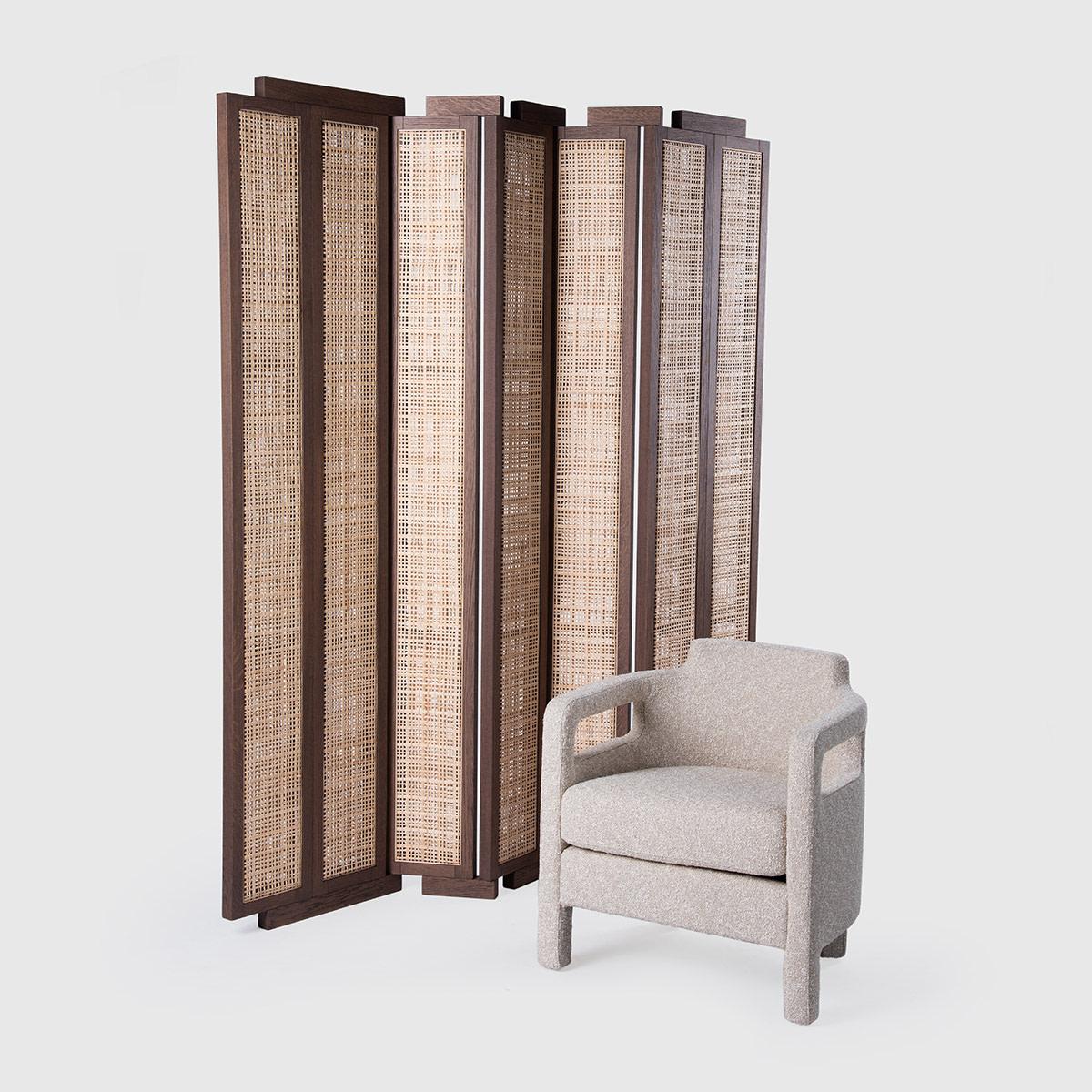 Organic Modern Contemporary Wood Screen 'Henley Street' by Man of Parts, Whiskey Oak and Cane For Sale