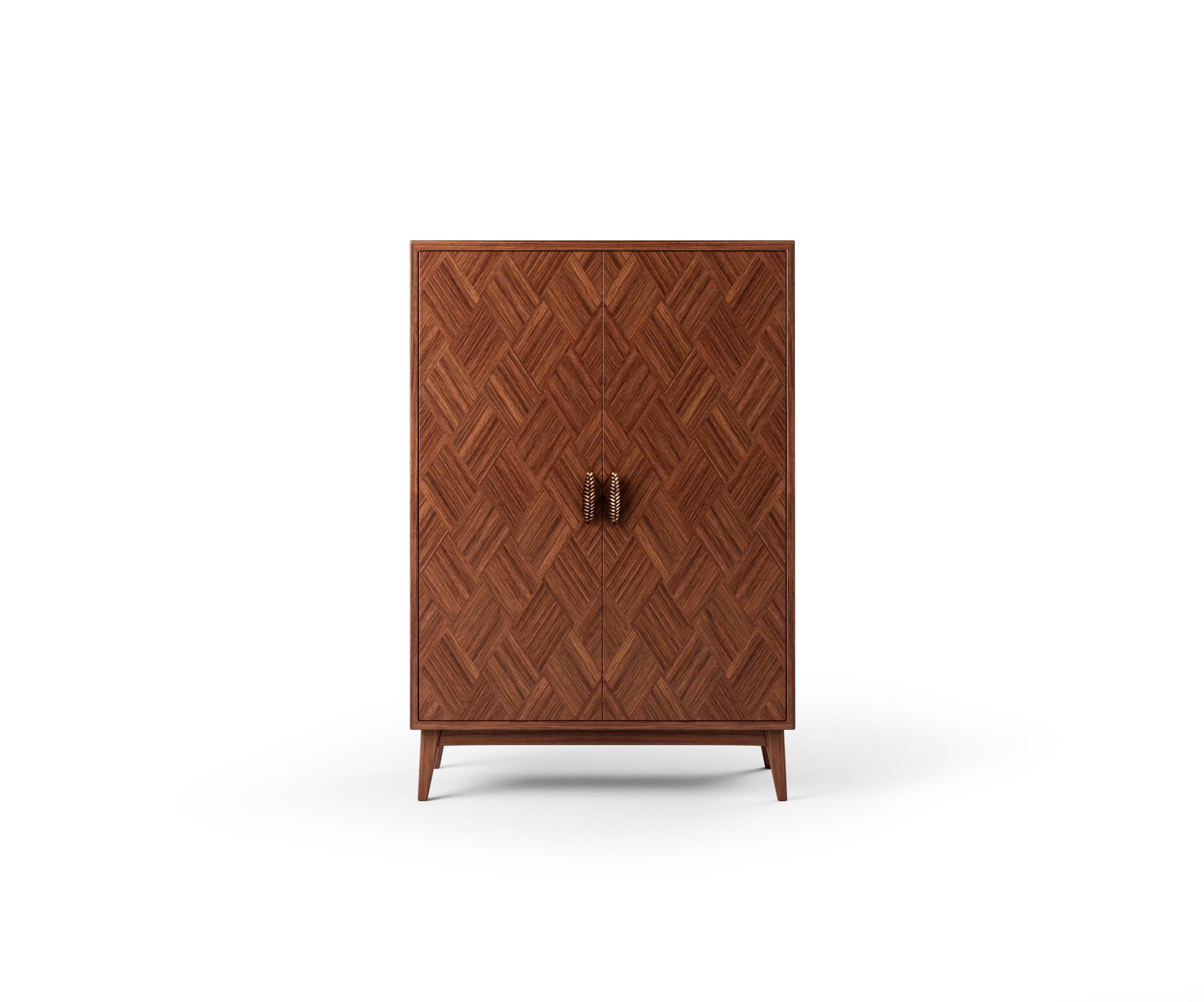 Modern Contemporary Wood Veneer Cabinet with Bronze Handles For Sale